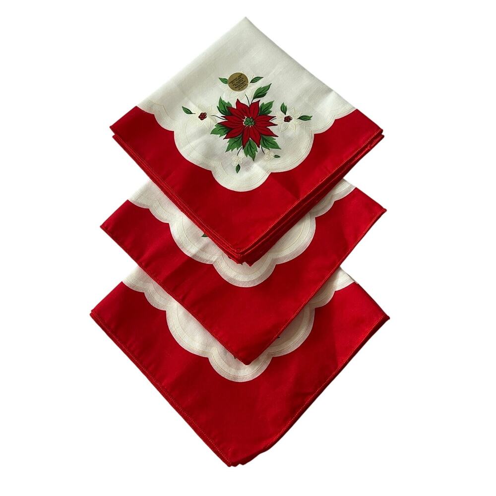 17 x 17 Poinsettia Flower Napkins Set of 3 Fabric Upcycling Holidays Red